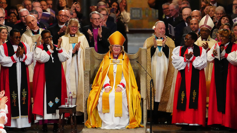 newly enthroned Archbbishop Sarah Mullally surrounded by fellow Anglican Clerics
